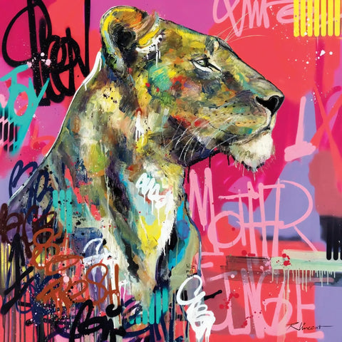 A painting of a lion with colorful paint strokes