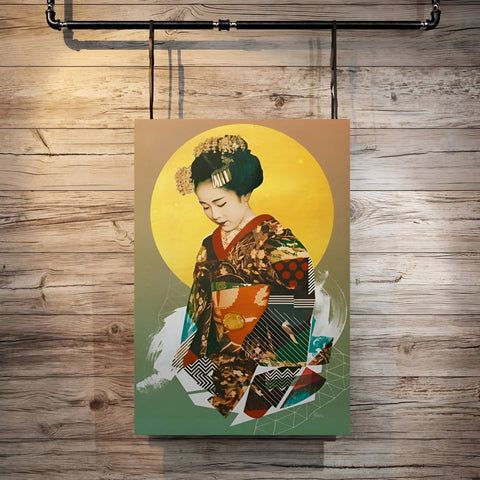 Artistic portrait of a geisha in traditional kimono against a yellow circular background.