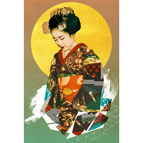 A close up of a woman in a kimono with a sun in the background