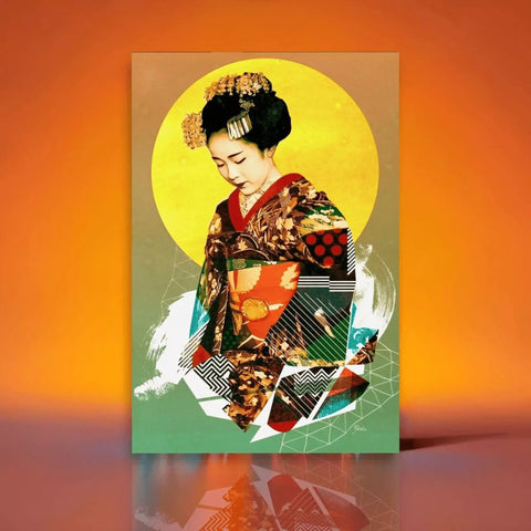 A painting of a geshi woman in a kimono