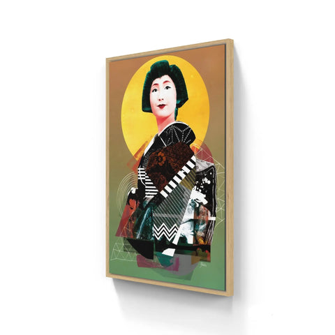 Framed artwork depicting a stylized geisha against a vibrant yellow and green background.