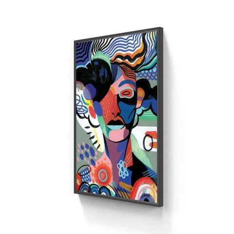 Abstract, colorful painting depicting a stylized face with geometric shapes and swirling patterns.