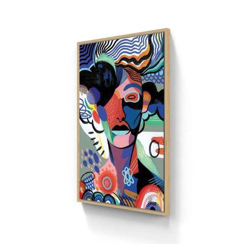 Colorful abstract painting with geometric shapes and patterns forming a stylized face-like composition.