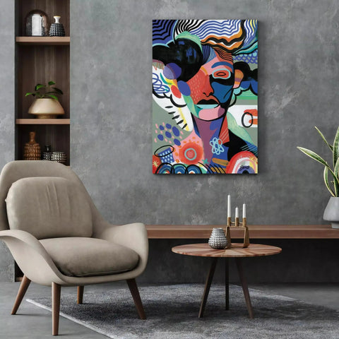 Vibrant abstract portrait painting with swirling colorful shapes and patterns.