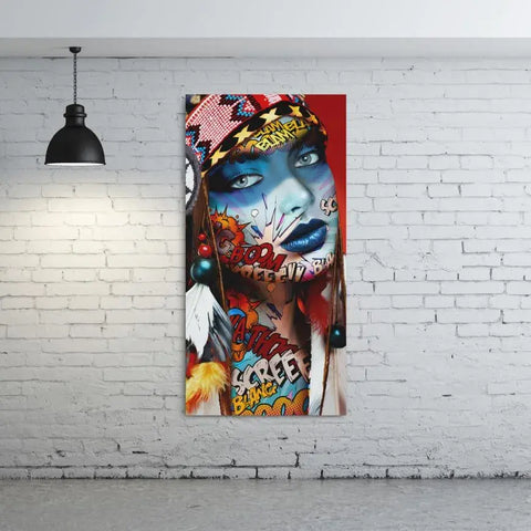 A large canvas painting of a woman with colorful makeup and tattoos