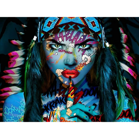 A woman with colorful makeup and feathers