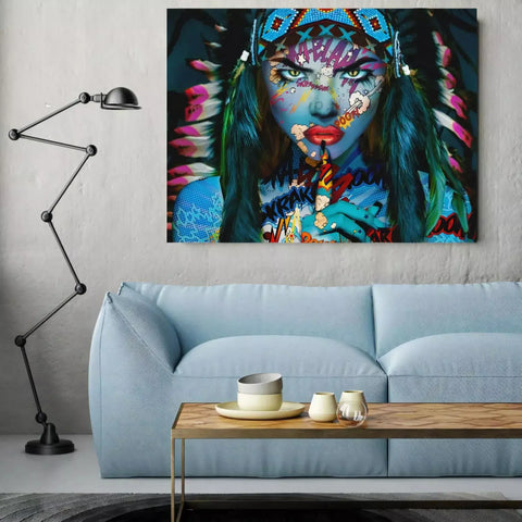 A woman with colorful makeup and feathers on her face is featured in a living room