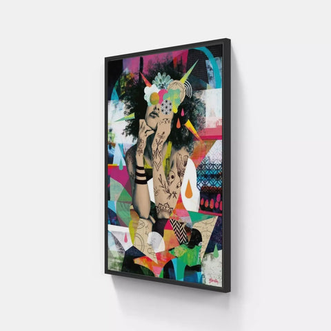 A framed canvas with a colorful abstract painting on it