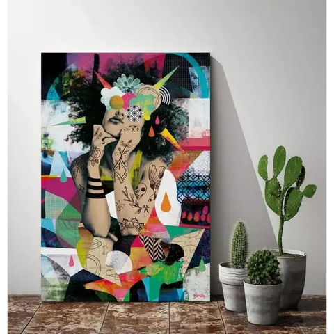 A painting on a wall next to a pot