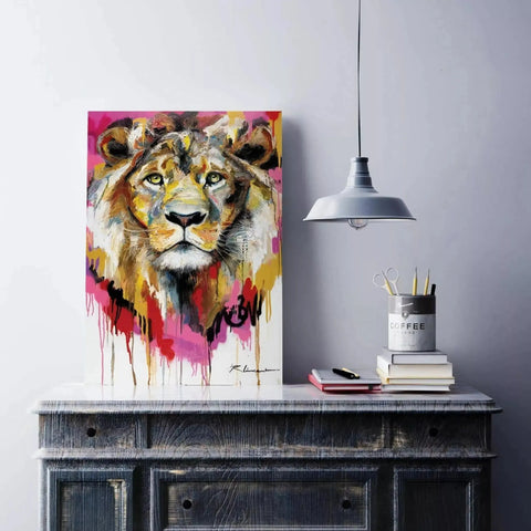 A painting of a lion on a wall