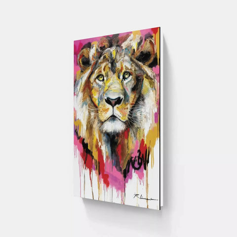 A painting of a lion on a white wall