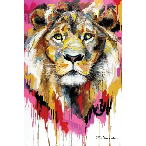 A painting of a lion with a pink background