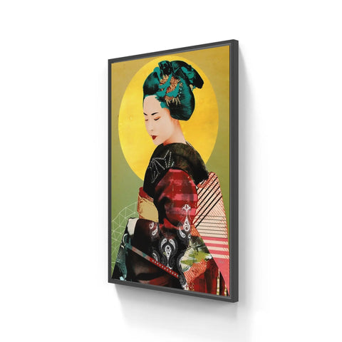 Framed artwork depicting a stylized geisha with an elaborate hairstyle against a yellow background.