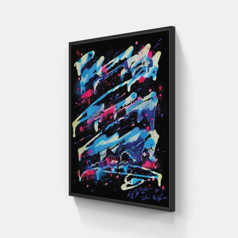 A black framed wall art with colorful abstract paint