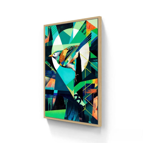 Abstract geometric painting featuring a stylized bird in vibrant colors and angular shapes.