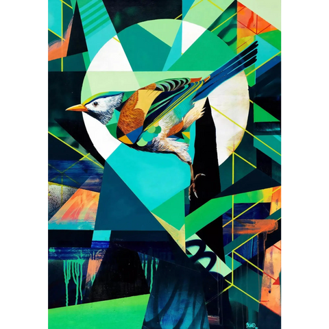 A painting of birds in a geometric pattern