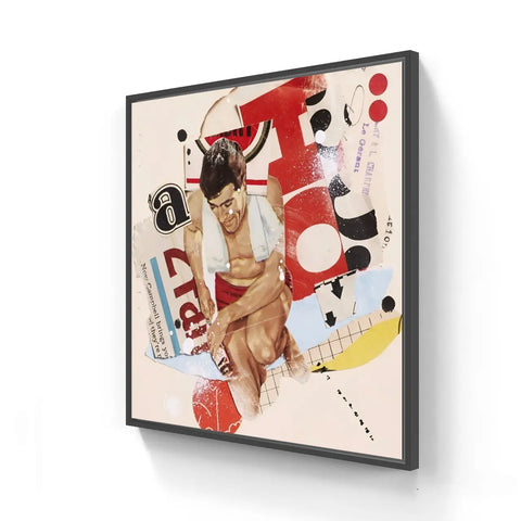 Framed abstract collage artwork featuring a nude figure amid geometric shapes and text elements.