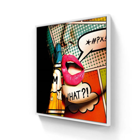 Pop art style canvas print featuring glossy red lips and comic book speech bubbles.