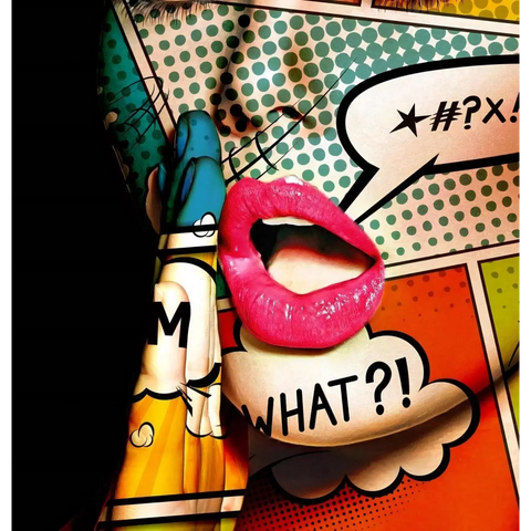 A woman with a pink lipstick and speech bubbles