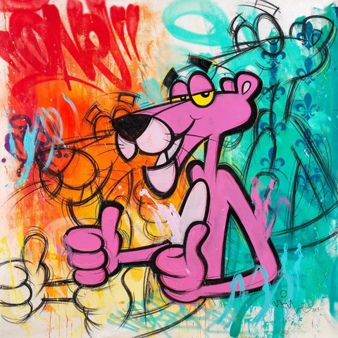 A painting of a pink panther with colorful paint splats