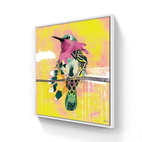 Colorful, stylized hummingbird painting with vibrant pink, yellow, and green hues.