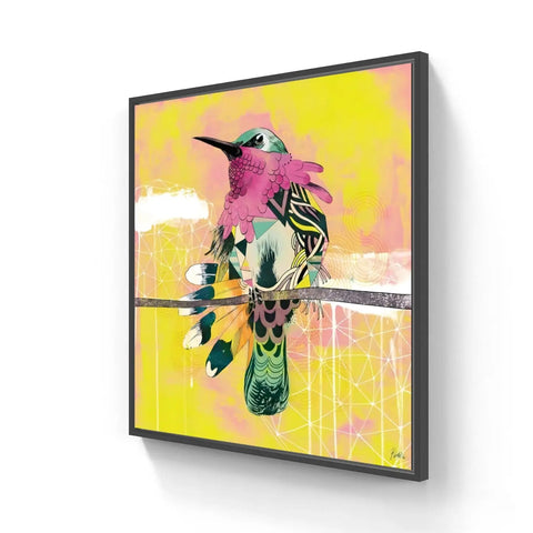 Colorful, stylized painting of a hummingbird perched on a branch.