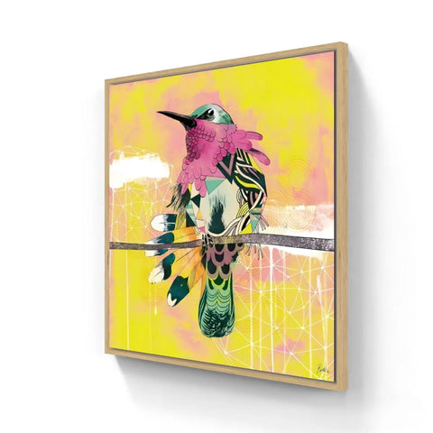 Colorful, stylized painting of a hummingbird perched on a branch.