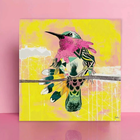 A painting of a bird on a branch