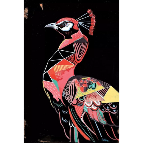 A painting of a bird with a bird on it’s back