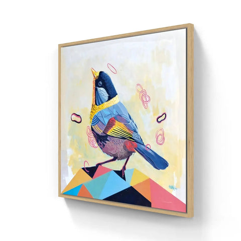 Colorful, stylized painting of a bird with geometric elements and musical notes.