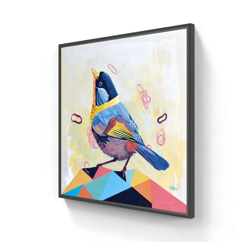 Colorful, stylized painting of a bird with geometric elements and abstract shapes surrounding it.