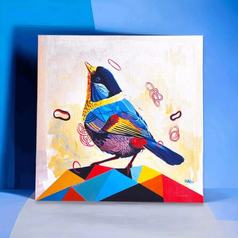 A painting of a bird on a colorful background