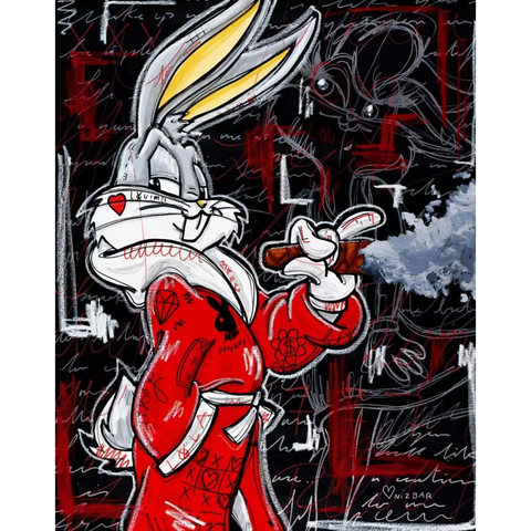 A painting of a rabbit smoking a cigarette