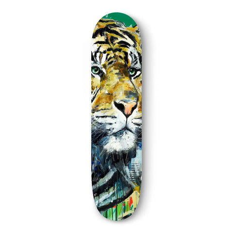 Skateboard deck featuring a colorful, artistic tiger face design.