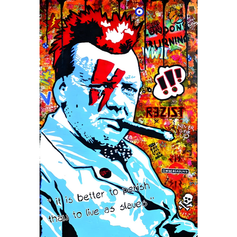 Pop art style portrait with blue and red lightning bolt face paint against a graffiti-covered background.