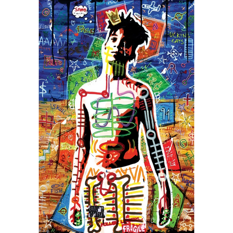 Graffiti-style figure with colorful abstract patterns and lines painted in a neo-expressionist style.