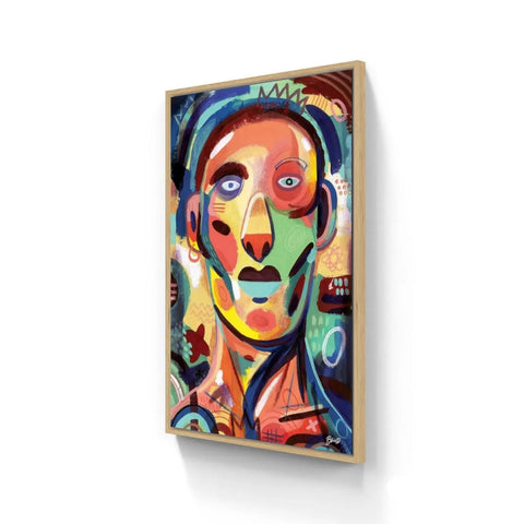 Abstract portrait painting with vibrant colors and geometric shapes depicting a stylized face.