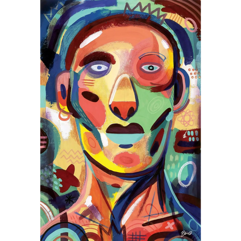 Colorful abstract portrait with geometric shapes and bold lines forming a stylized face.