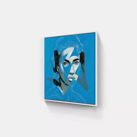 A blue and white painting of a woman with headphones