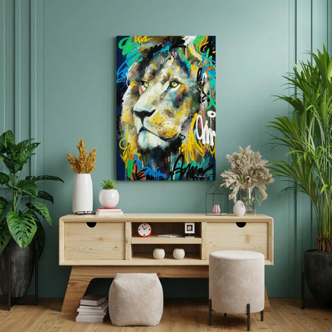 A painting of a lion on a wall