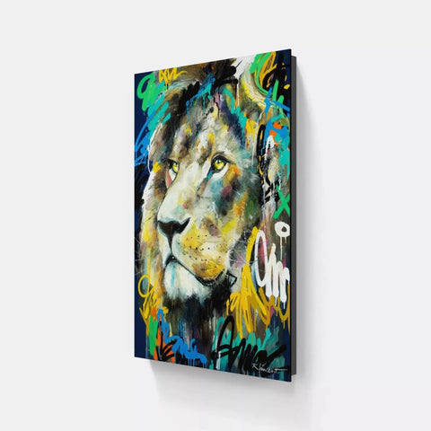 A painting of a lion on a wall