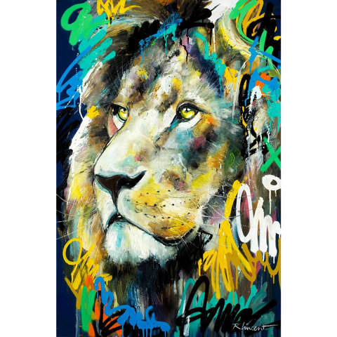 A painting of a lion with colorful paint strokes