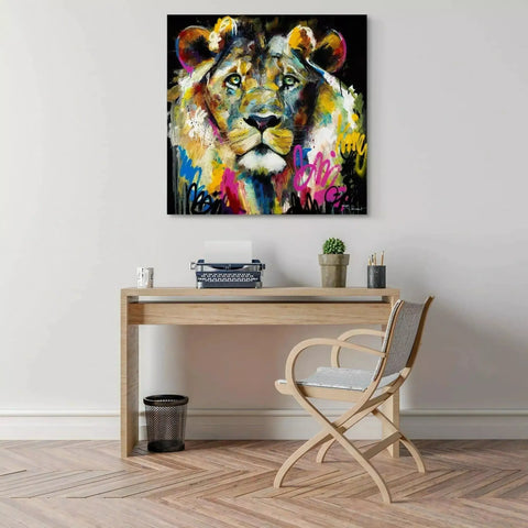 A painting of a lion on a wall