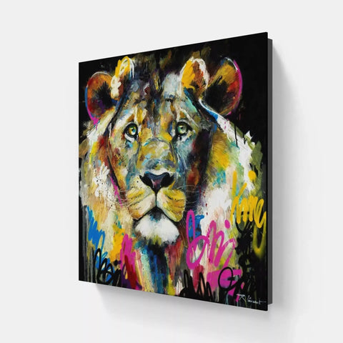 A painting of a lion on a wall