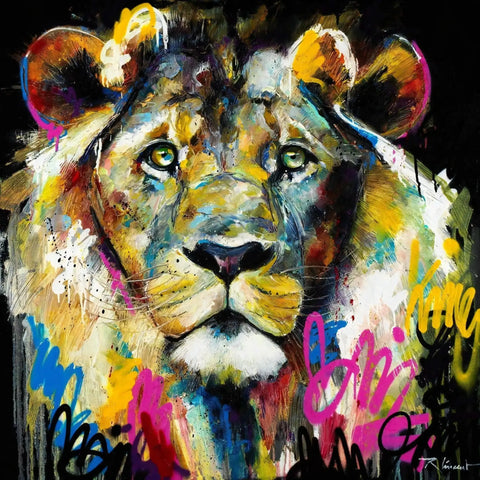 A painting of a lion with colorful paint strokes