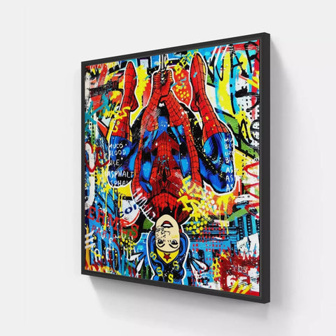 A large framed painting of a spider and his friends