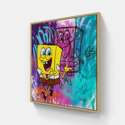 A close up of a painting of spongebob on a wall