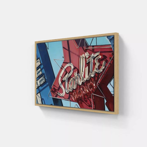 A painting on a wall with a red and blue sign