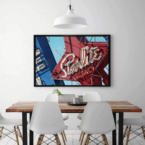 Framed vintage-style neon sign artwork featuring ’Starlite’ in red and blue colors.