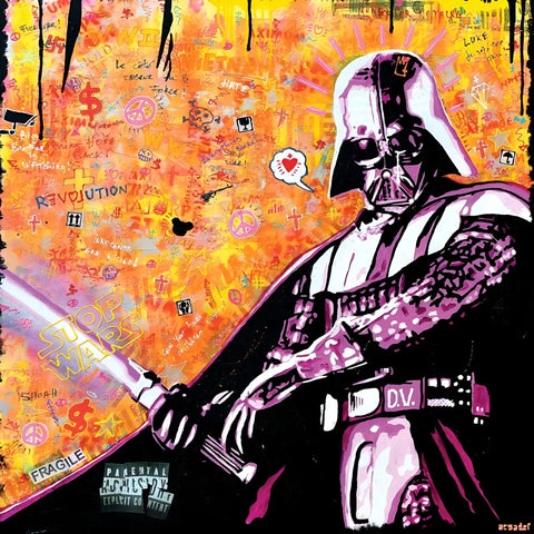 Darth Vader holding a lightsaber against a graffiti-style backdrop.